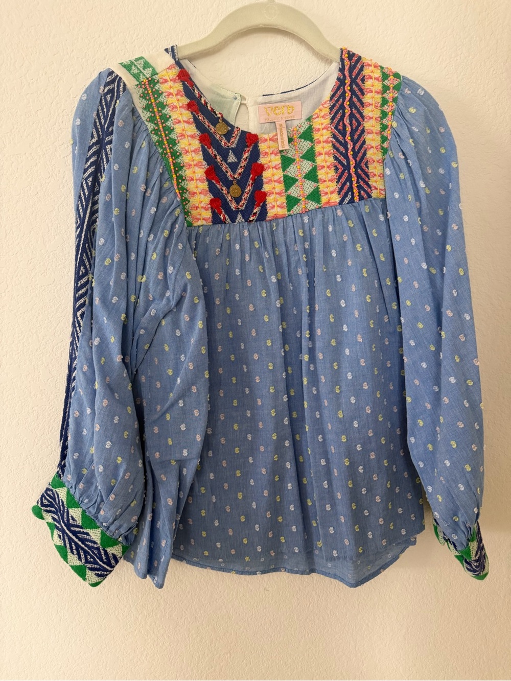 Embroidered Yoke Light Blue Peasant Blouse